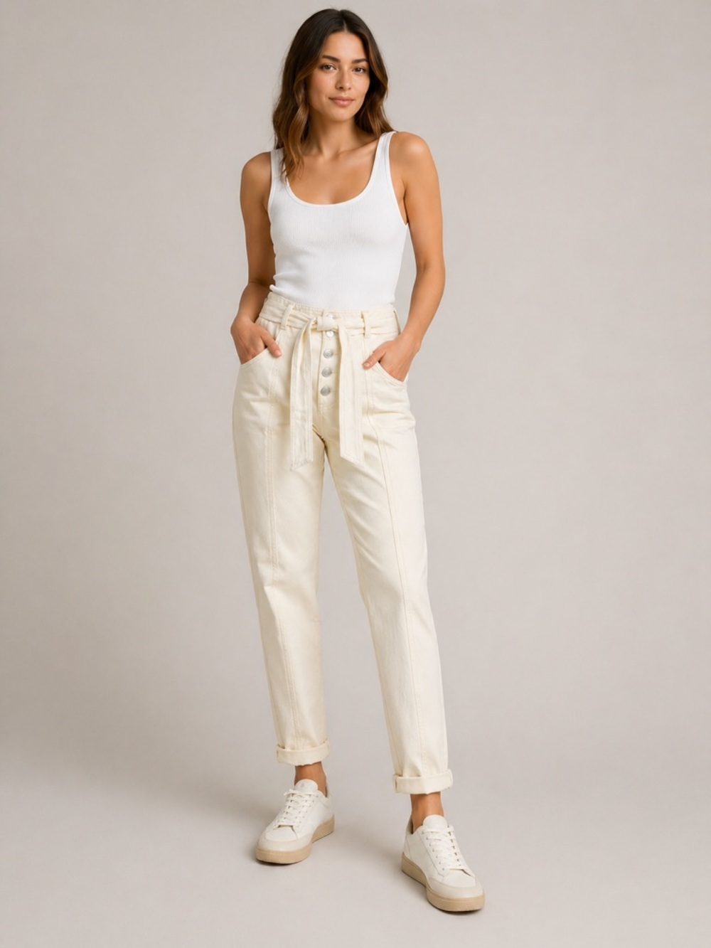 Circle of Trust High-Rise Ivory Pants Tie Waist Button Fly Size 29 NWT